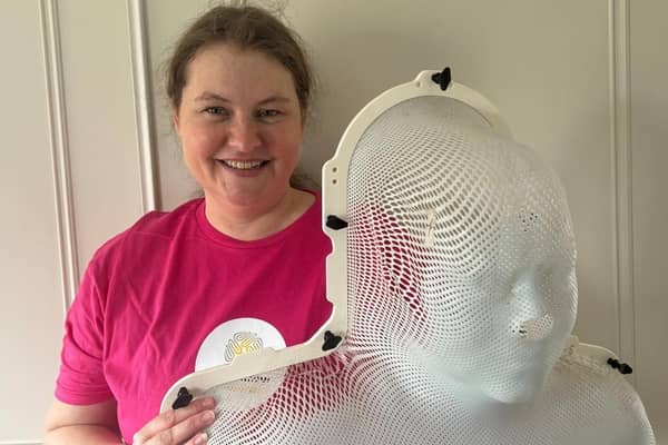 Nicola Ferdinand and her radiotherapy mask.