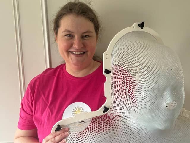 Nicola Ferdinand and her radiotherapy mask.