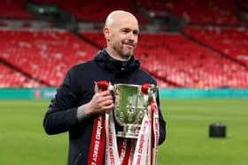Manchester United manager Erik ten Hag with the Carabao Cup trophy after his side's win over Newcastle United in last year's fina. (Photo by Julian Finney/Getty Images)