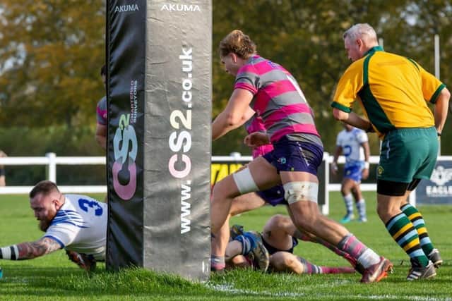 Ben Wilkinson scores a try for Peterborough Lions at Olney. Photo: Mick Sutterby.