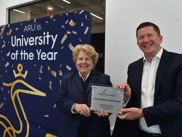 Opening of XRP eXtended Reality Peterborough at ARU Peterborough by Sandi Toksvig pictured with AU Peterborough principal  Ross Renton