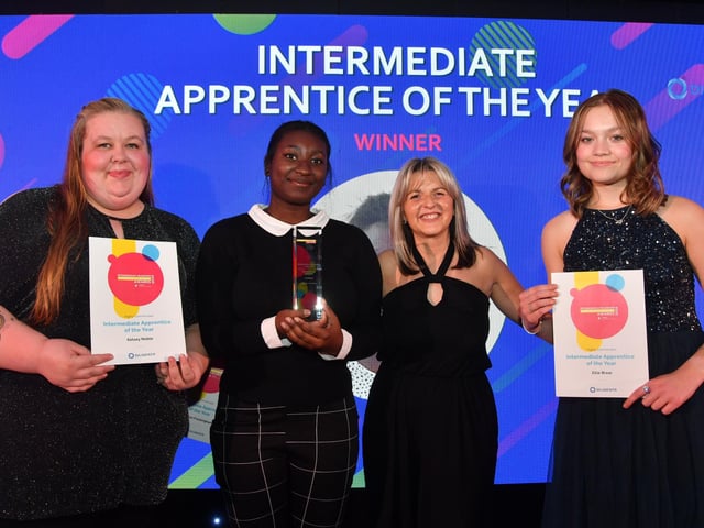 Peterborough Telegraph Apprenticeship Awards 2024. Intermediate Apprentice of the Year -  sponsor Gail Venters with winner Olivia Joachim with  finalists Ellie Brear, Kelsey Noble and Sharon Freckingham