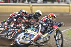 Chris Harris out in front and on his way to a brilliant maximum for Panthers against Wolves. Photo: David Lowndes.
