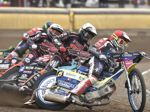 Chris Harris out in front and on his way to a brilliant maximum for Panthers against Wolves. Photo: David Lowndes.