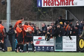 Peterborough Sports celebrate a goal at Horsham in front of their own fans. Photo: Natalie Mayhew