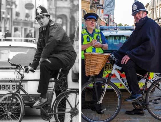 Dominic Glazebrook  on his bike in Cowgate in 1993 and years later with  former PCSO Mick Whittaker,