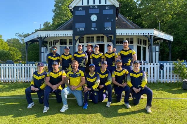 The Hunts CCC team before a record-breaking day at Burghley Park, back, left to right, Nehag Pravin, Mark Hodgson, Will Compton, Kev Clement (scorer), Matty Mills, Dylan Church, Josh Gallimore, front, Conor Craig, Pat Harrington, Robin Vitas (manager), Iresh Saxena, Tommy Morrison, Alex Ashwin, Ethan Berlusconi.