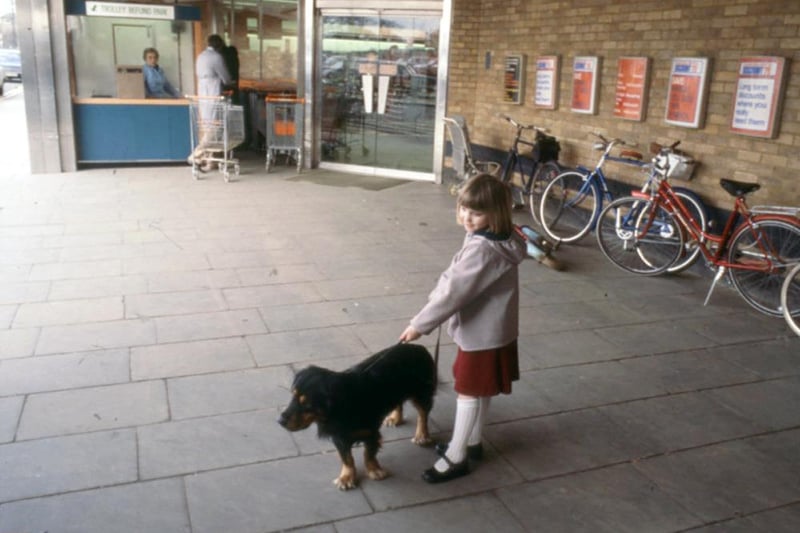 A little girl keeps her pet pooch in check outside a clean, litter-free entrance. Can anyone hazard a guess as to what purpose the cubicle in the background served?