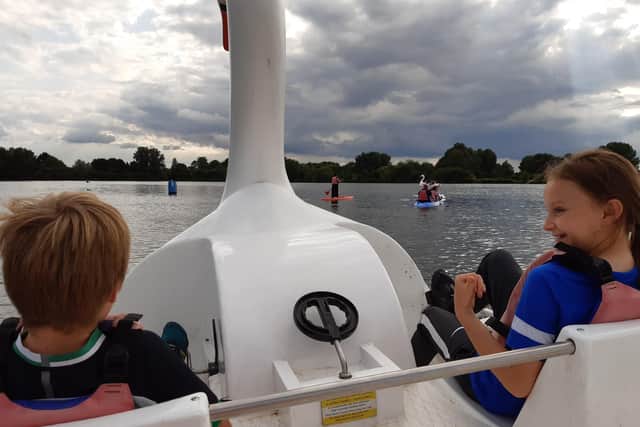 Out on the water in a pedalo at Ferry Meadows