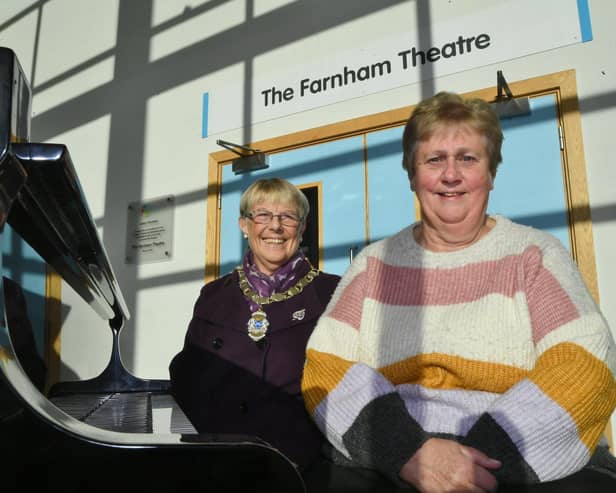 Jenny Farnham, chair of the local parish council and school governor, has the theatre at Ormiston Bushfield Academy named after her. Pictured with Deputy Mayor Cllr Judy Fox.