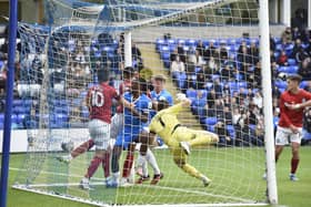 Joel Randall scores Posh's opening goal against Wycombe in October directly from a corner.
