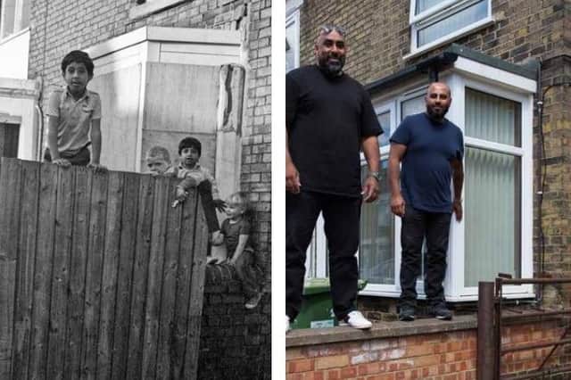 Brothers Shujah and Zia Suklain - in the opriginal 1980 photo and 40 years on.