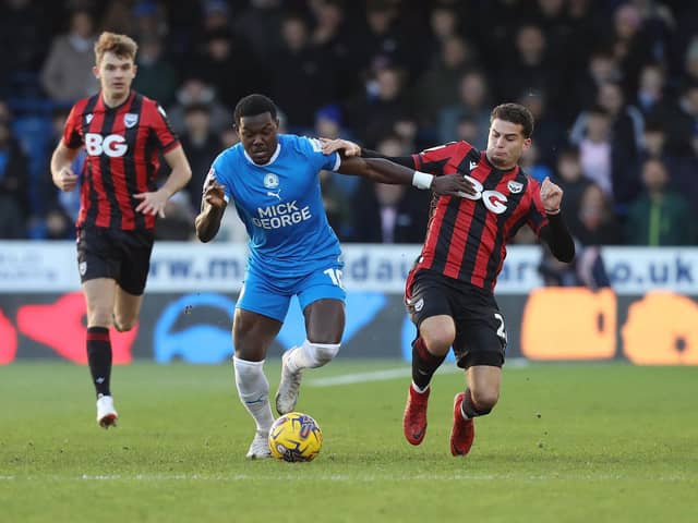 Ephron Mason-Clark of Peterborough United in action against Oxford United during the Sky Bet League 1 match between Peterborough and Oxford United at London Road, Peterborough, England on 9 December 2023. Photo: Joe Dent.