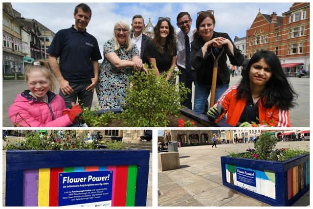 Top: Planters being installed at Cathedral Square, Peterborough, with pupils from Marshfields School, Revd Dalliston from St John's Church, Cllr Steve Allen and Pep Cipriano and his team and the planters in the city centre