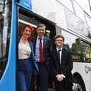 Transport Minister Louise Haigh on the bus at ARU Peterborough with Peterborough MP Andrew Pakes and North West Cambs MP Sam Carling