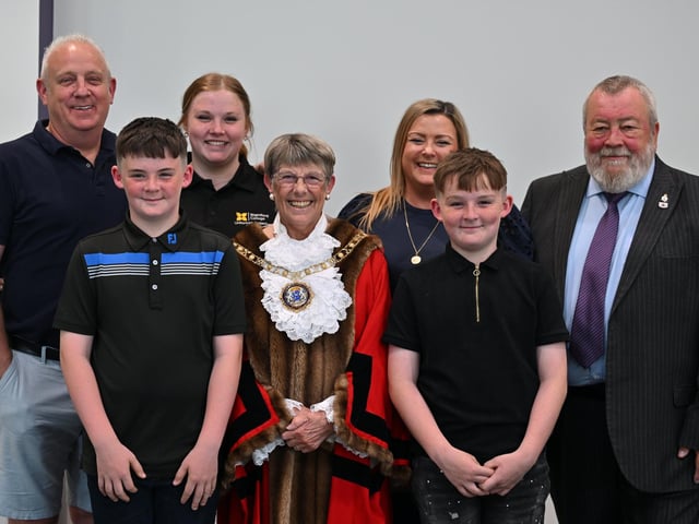 Mayor of Peterborough Judy Fox with  Mayor's Consort John Fox and family
