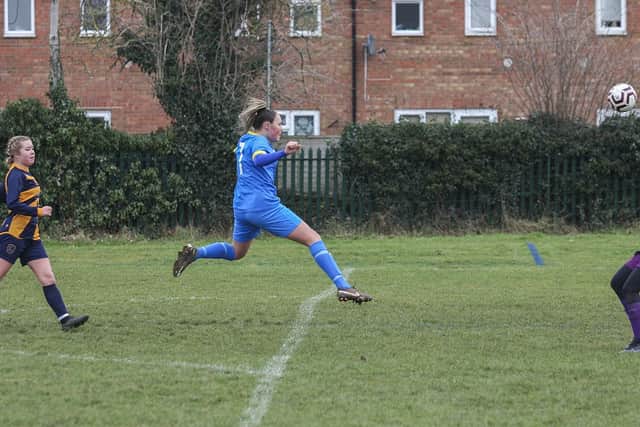 Codie Steward scoring one of her hat-trick goals for Peterborough Sports Under 18s against Glinton & Northborough. Photo: Tim Symonds.
