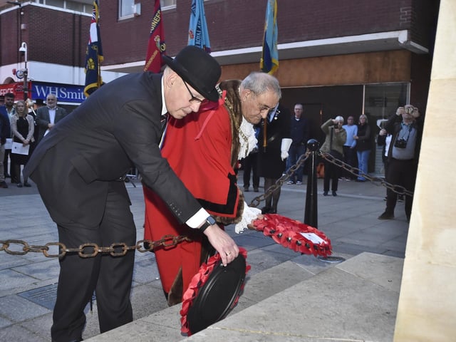 Royal British Legion 80th anniversary of D-Day outside the Town Hall. Mayor of Peterborough Marco Cereste and RBL Chairman Lt Cdr Graham Casey each laying a wreath.