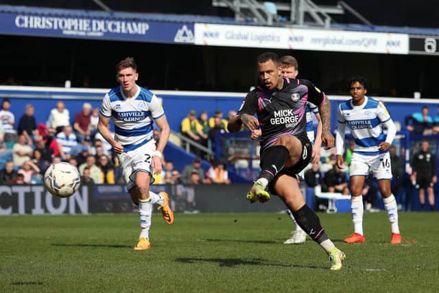 Jonson Clarke-Harris scoring for Posh at QPR earlier this season. Photo: Joe Dent/theposh.com.