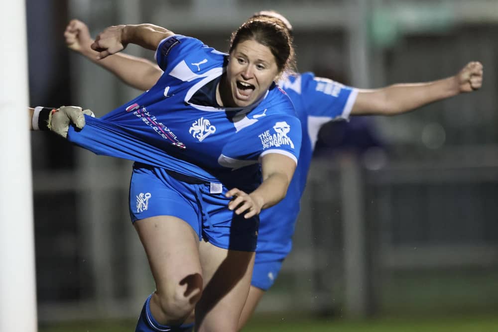 Charlotte Steggles celebrates her first Posh goal against Norwich City at PIMS Park. Photo Darren Wiles