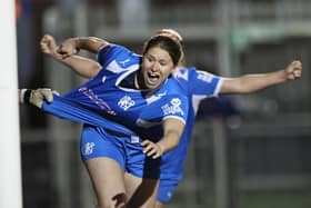 Charlotte Steggles celebrates her first Posh goal against Norwich City at PIMS Park. Photo Darren Wiles