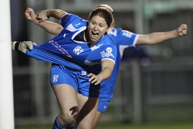 Charlotte Steggles celebrates her first Posh goal against Norwich City at PIMS Park. Photo Darren Wiles