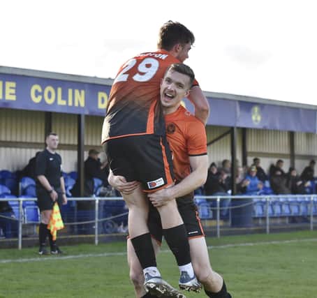 Dan Jarvis celebrates his first goal for Peterborough Sports v Rushall Olympic. Photo David Lowndes