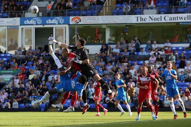 Ephron Mason-Clark of Peterborough United attempts an overhead kick against Leyton Orient. Photo: Joe Dent/theposh.com
