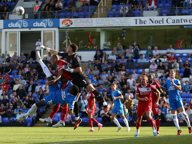 Ephron Mason-Clark of Peterborough United attempts an overhead kick against Leyton Orient. Photo: Joe Dent/theposh.com