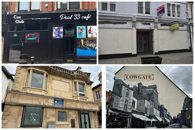 Clockwise from top left, The Cue Club in Cowgate, Peterborough, the former Post Office in Cowgate, the former Yorkshire Bank in Church Street and the mural at the entrance to Cowgate.