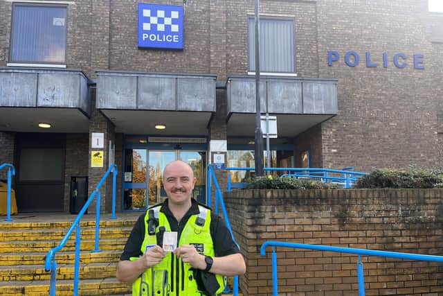 PC Sam Holliday of Peterborough city centre neighbourhood policing team with the spray at Thorpe Wood Police Station