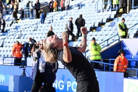 Robbie Savage celebrates Peterborough United's victory over Leicester City at full-time. Photo: David Lowndes.