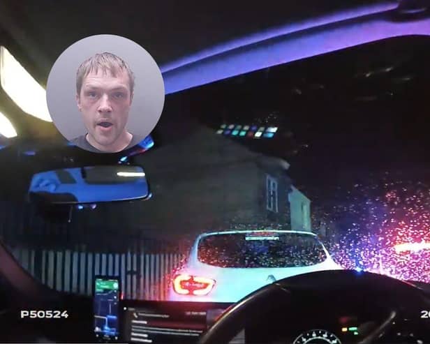 Thomas Smiley (inset) and the moment he rammed a police vehicle using a stolen car