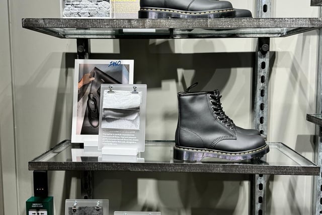 A display of the new Dr. Martens footwear made from reclaimed leather manufactured by Gen Phoenix in Peterborough
