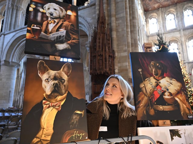 Anna Auty with her dog pics on canvas at Peterborough Cathedral Christmas market.