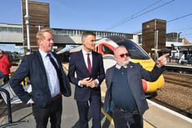 Secretary of State for Transport Mark Harper at Peterborough Rail Station with Peterborough MP Paul Bristow and  Council leader Wayne Fitzgerald