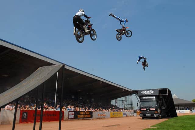 Motorcycle stunt team UK FMX wow the crowds with some death defying stunts at Truckfest 2008.