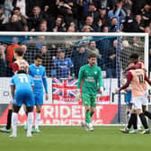 Portsmouth have just scored the only goal of the game at Posh. Photo Joe Dent/theposh.com.