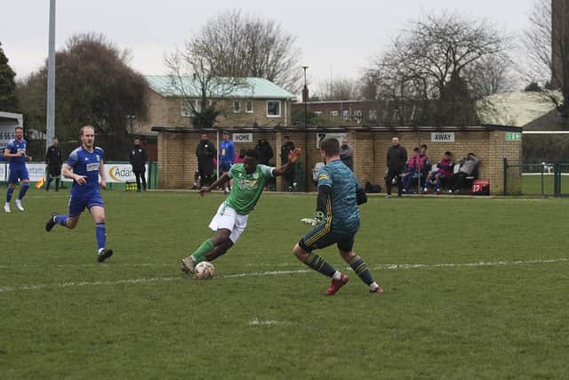 Abulai Sanha is about to score for FC Peterborough against Haverhill Borough. Photo Tim Symonds.