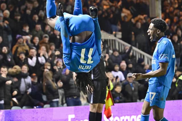 Declan Frith celebrates his goal for Posh v Leyton Orient. Photo David Lowndes.