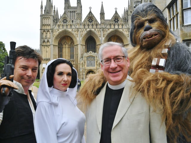 Vice Dean Tim Alban Jones with Han Solo, Princess Leia and Chewbacca.