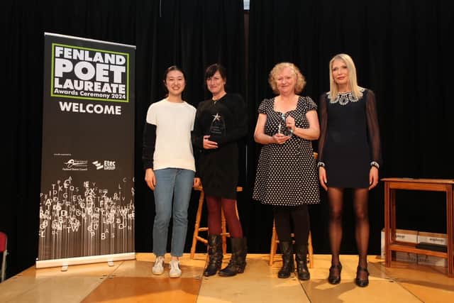From left to right, outgoing Fenland Poet Laureate, judge and co-host Qu Gao; new 2024 Fenland Poet Laureate Hannah Teasdale; runner-up Pen Avey, and Fenland Poet Laureate judge and co-host, Councillor Elisabeth Sennitt Clough (image: Tim Chapman)