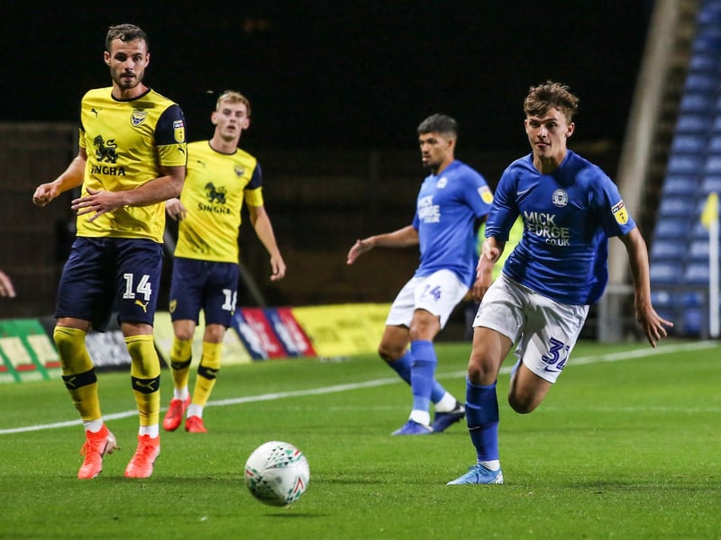 Harrison Burrows during his first senior Posh appearance at Oxford in 2019.