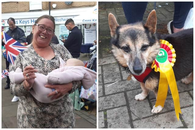 (Left): Tracey Brittle celebrates with  five-month-old granddaughter Phoebe, and; (right): 17-year-old Lucy the Lancashire Heeler takes second place in the fiercely contested dog show judged by Wood Green.