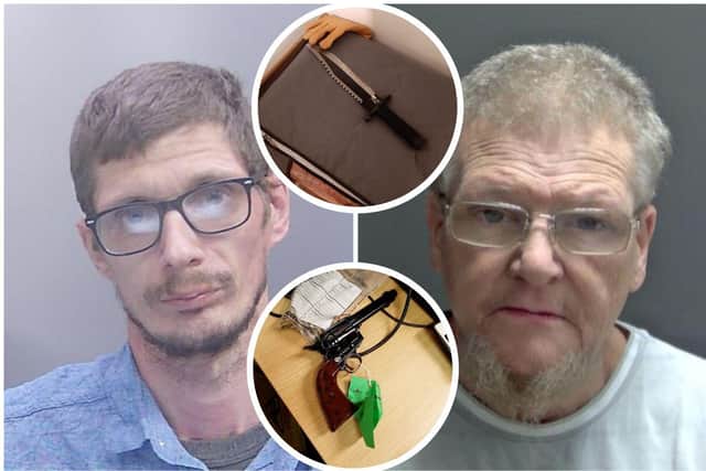 Christy Burke (left) and Dermot Burke (right) with the weapons used