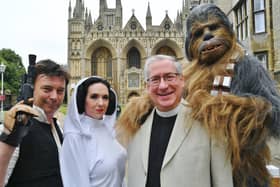Unofficial Galaxies Star Wars exhibition launch at Peterborough Cathedral with Luke Skywalker, Princess Leia, Chewbacca and Tim Alban Jones, the Vice Dean.