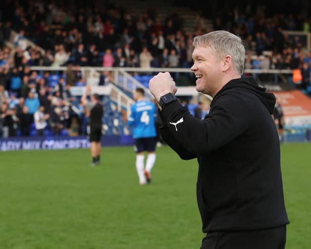 Grant McCann celebrated victory over Cambridge on October 29. Posh have not won in the league since. Photo: Joe Dent.