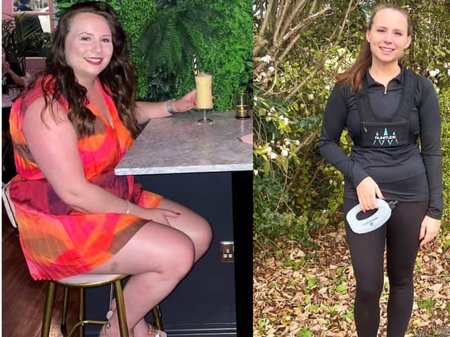 Rebecca before and after her weight loss journey.