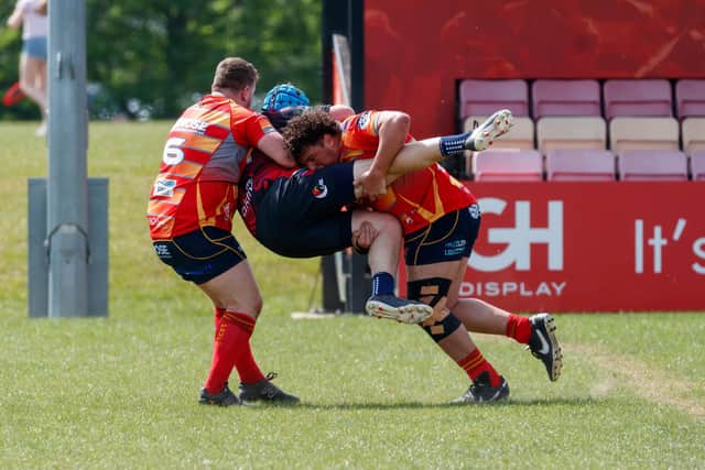 Peterborough Rugby League captain Luke Whitby (left) claimed a hat-trick of tries in a big win in Mansfield. Photo David Gibbons