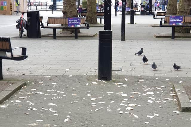 The mess made by pigeons in Bridge Street, Peterborough.